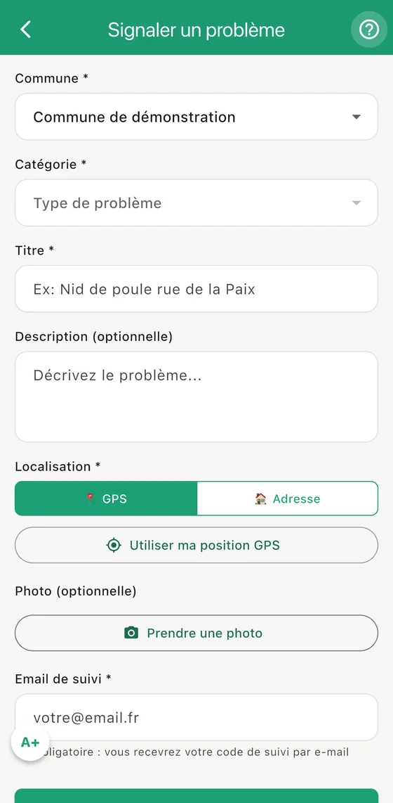 L'écran de signalement : photo, description, position